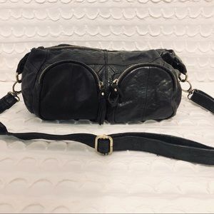 7 CHI ANTHROPOLOGIE BLACK SOFT SHINY LEATHER CROSSBODY MOTO BAG